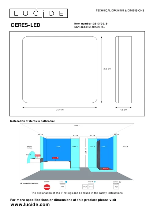 Lucide CERES-LED - Plafonnier Salle de bains - LED Dim. - 1x30W 3000K - IP44 - Blanc - technique